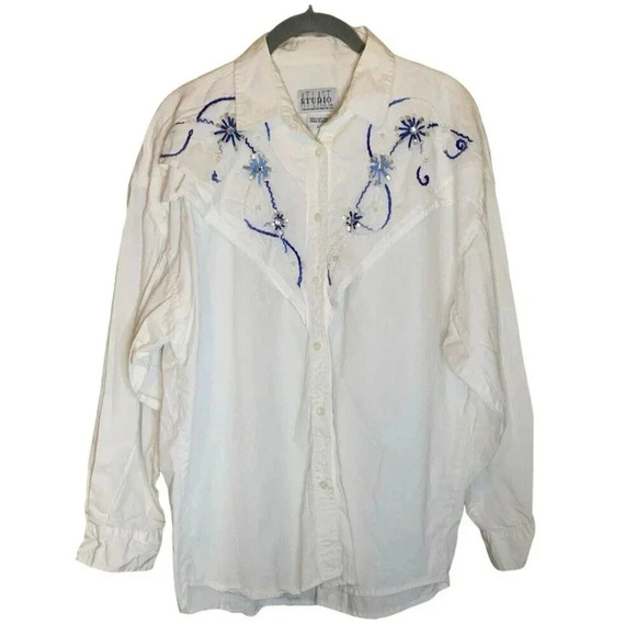 At Last Studios Tops - Vintage Embroidered Beaded Western Blouse Shirt Womens Size XL White Blue Button